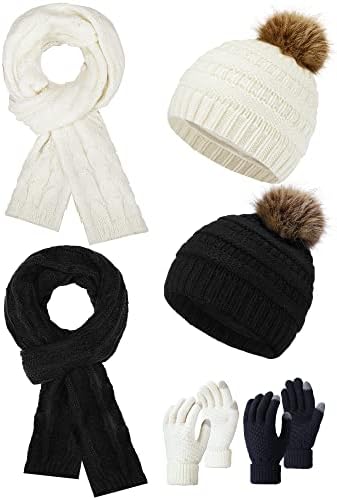 Зимски капа нараквици шамија сет жени, плетено пом -бени топол допир на ракавици на допир на вратот на вратот за жени за жени студена зима