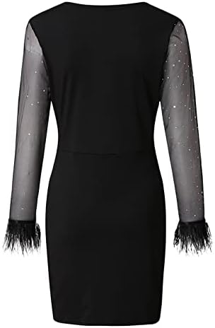 FQZWONG Black Sparkly Fuest Women Women Sexy Deep V Reck Wrap со висок половината мини фустан