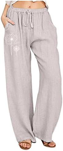 Panенски памучни постелнини панталони со висока половината цврста боја лесна лесна лабава широка панталони за нозе плажа јога панталони